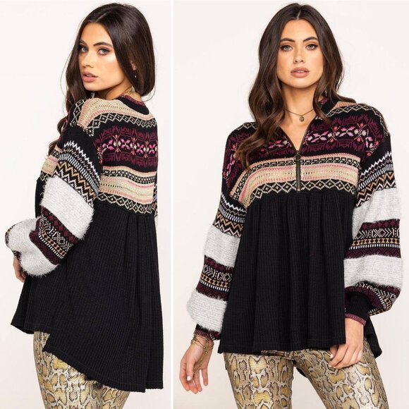 Free People Cozy Cottage Embroidered Sweater Size XS Black Balloon Sleeve New - Picture 13 of 13